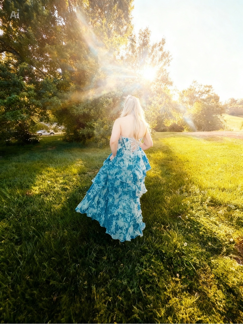 Sherri Hill Blue & Fuchsia Ruffled Prom Gowns - Picture 2 of 3